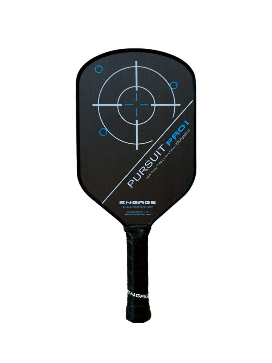 Engage Pursuit Pro1 Elongated Paddle in black, has a bull’s eye graphic with blue accents and a white diagonal line cutting through the face. In large font “Pursuit Pro1” is underneath