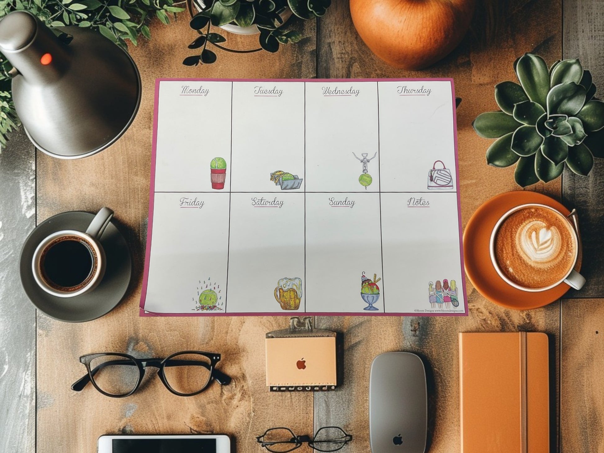 Tennis themed weekly calendar