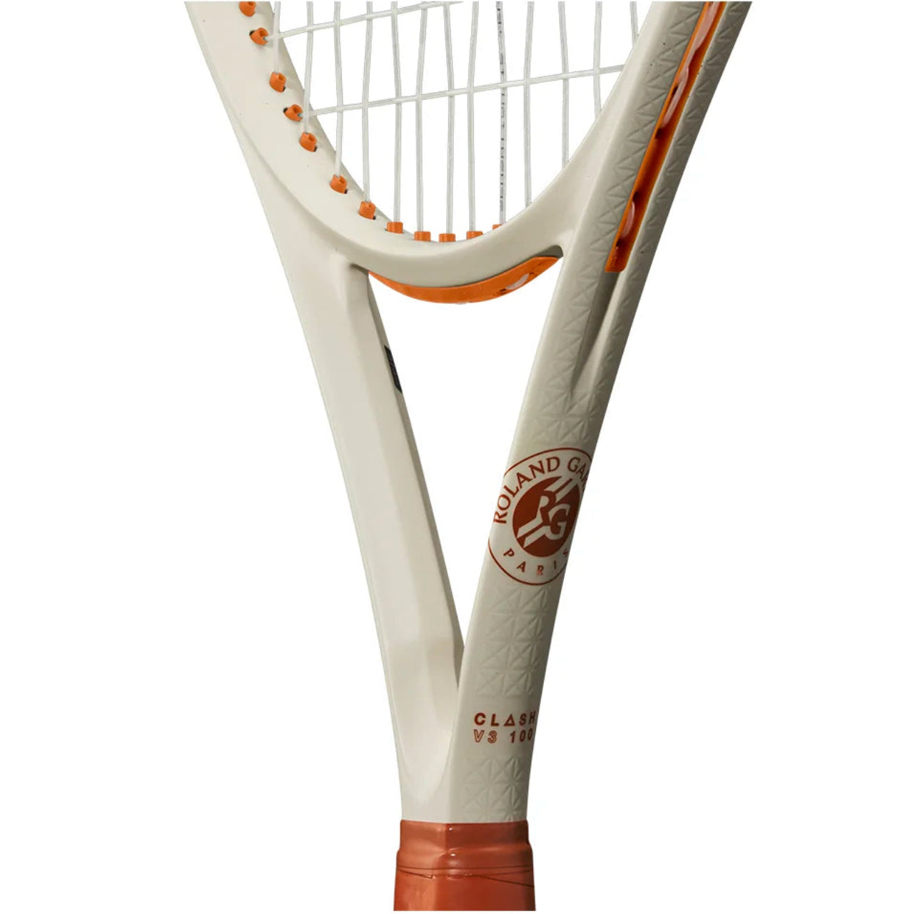 Close-up of a tennis racket with a visible brand logo on a white background