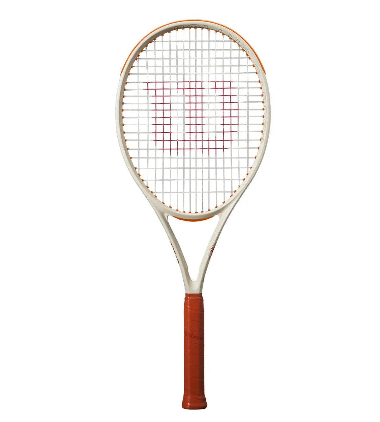 Tennis racket with a white strings and brown handle on a white background