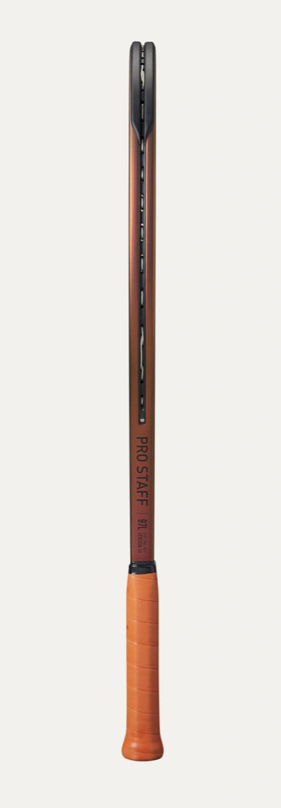 Tennis racket with wooden handle and dark grip on a white background
