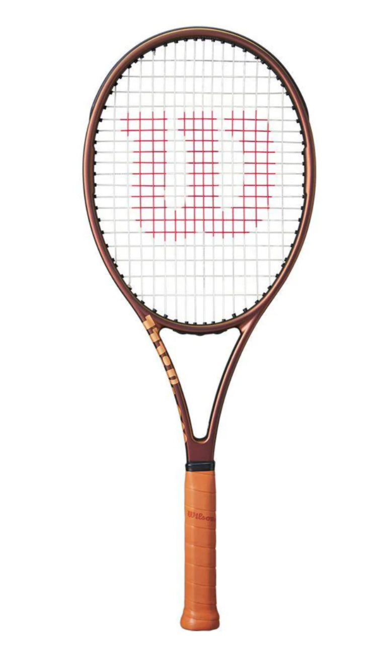 Tennis racket with a brown frame and wooden handle on a white background