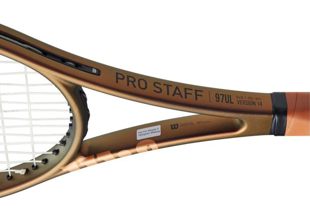 Close-up of a Wilson Pro Staff tennis racket on a white background