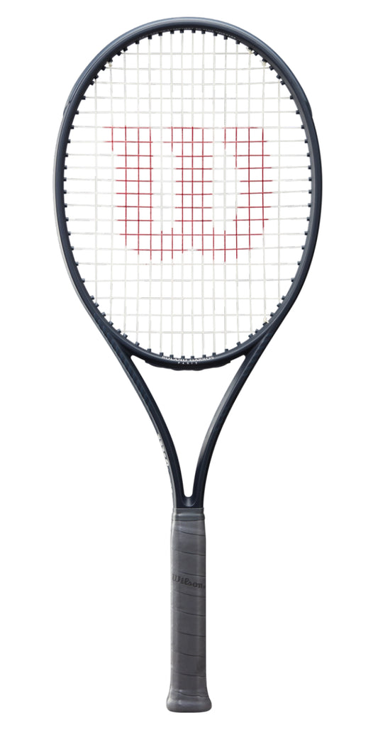 Tennis racket with a white strings pattern on a white background
