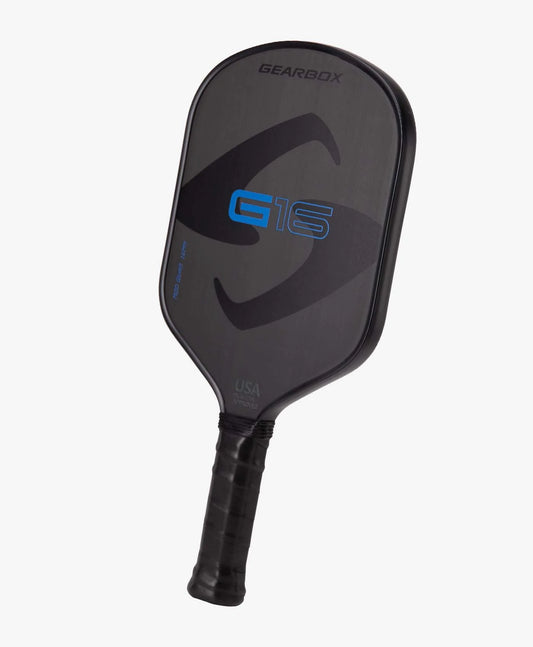 view of gearbox g16 mod quad pickleball paddle. black background with blue g16
