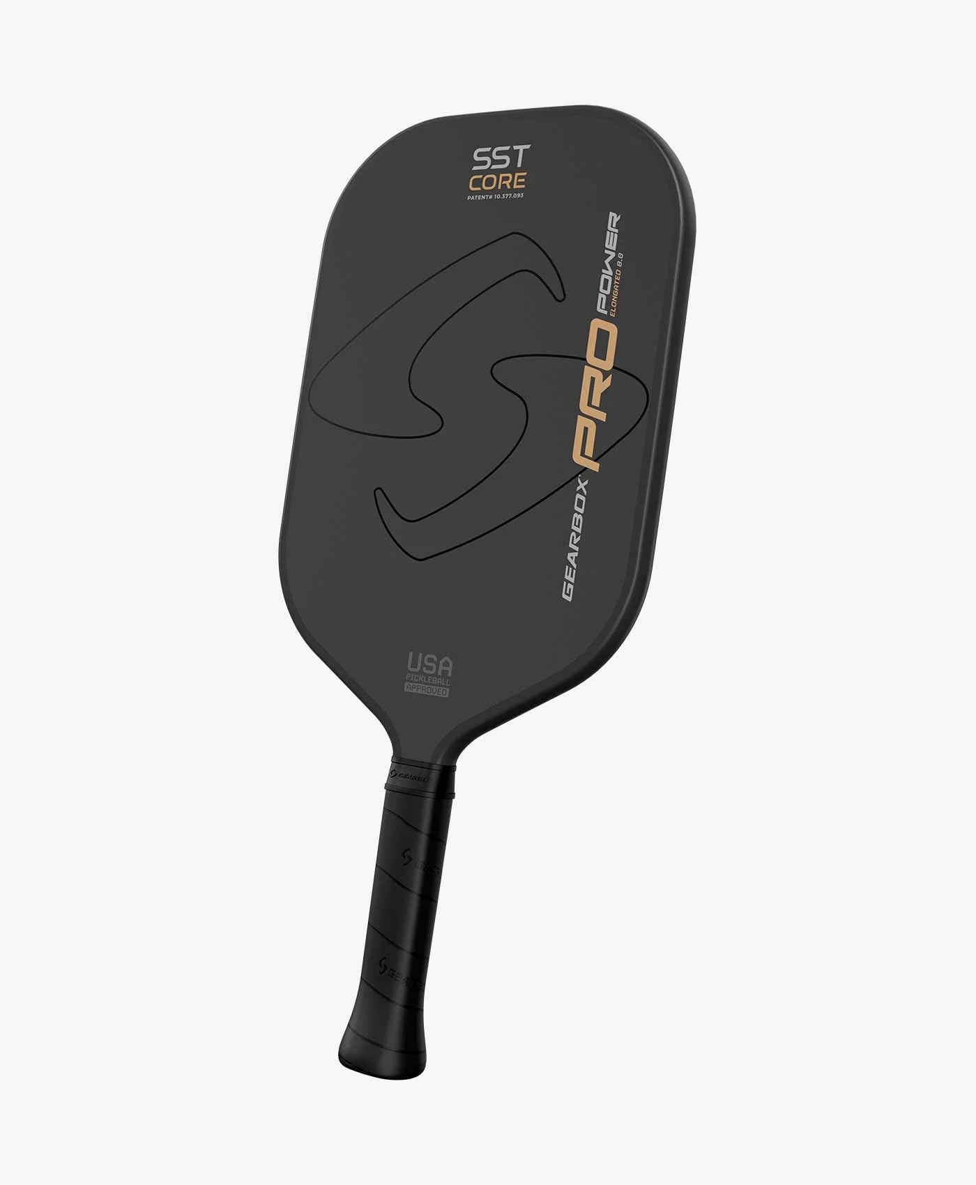 gearbox pro power elongated 8.0 SST Core pickleball paddle black with white and gold lettering