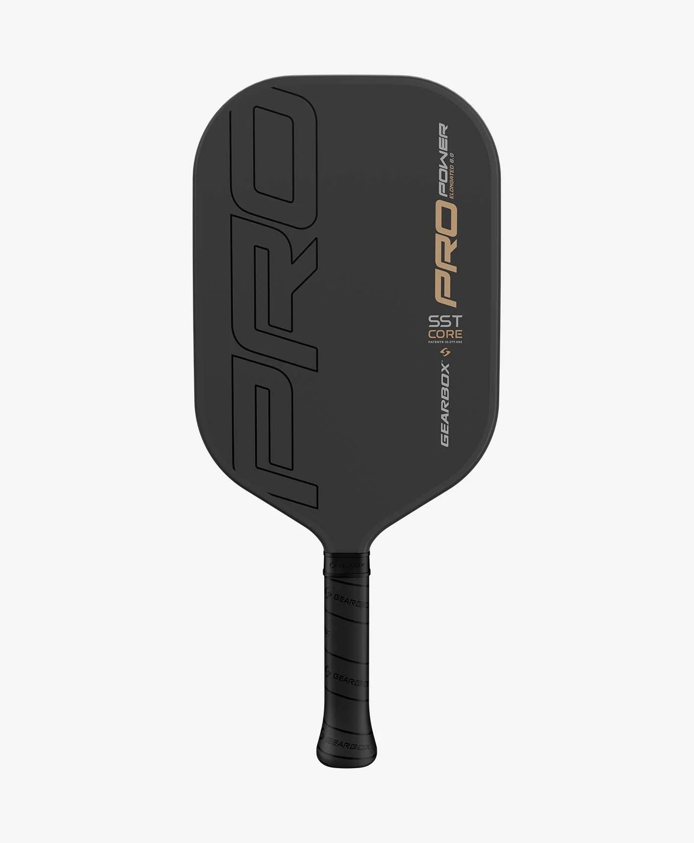 gearbox pro power elongated 8.0 SST Core pickleball paddle black with white and gold lettering