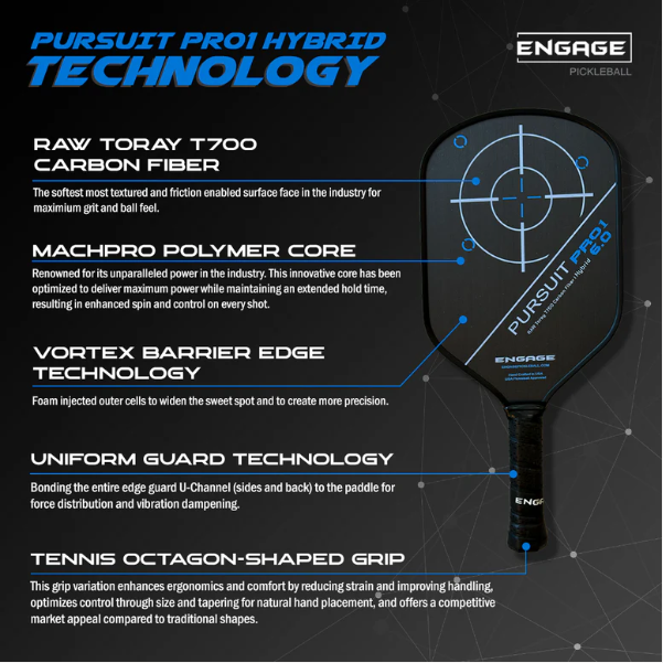 Engage Pursuit Pro1 6.0 Hybrid Pickleball Paddle - Raw T700 Carbon Fiber