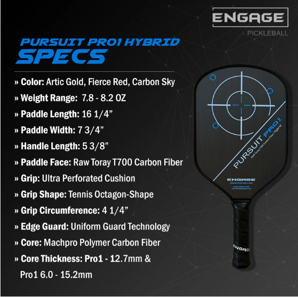 Engage Pursuit Pro1 6.0 Hybrid Pickleball Paddle - Raw T700 Carbon Fiber