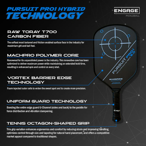 Engage Pursuit Pro 1 6.0 Widebody Pickleball Paddle- Raw T700 Carbon Fiber