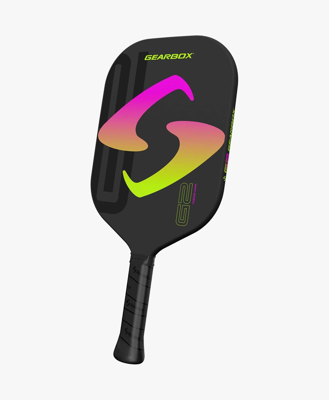 gearbox g2 fusion 14 mm pickleball paddle. black with pink and yellow gearbox logo