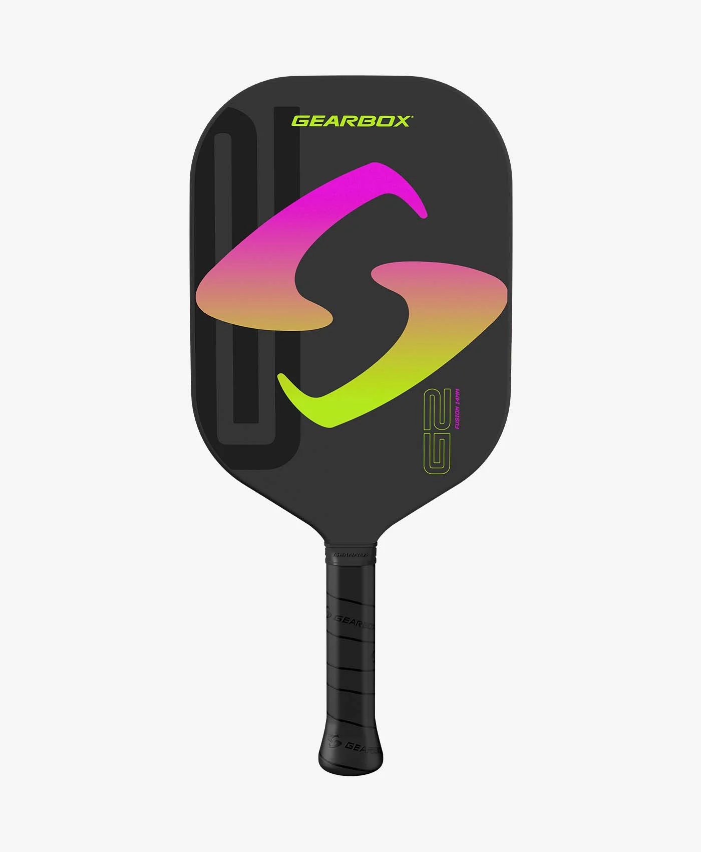 gearbox g2 fusion 14 mm pickleball paddle. black with pink and yellow gearbox logo