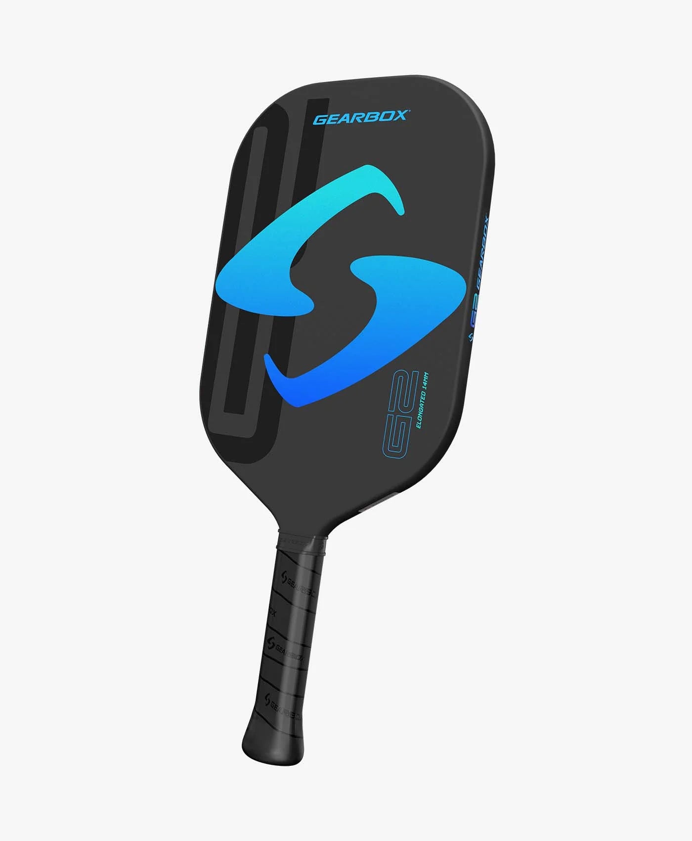 gearbox g2 elongated pickleball paddle full frontal view black with blue gearbox logo