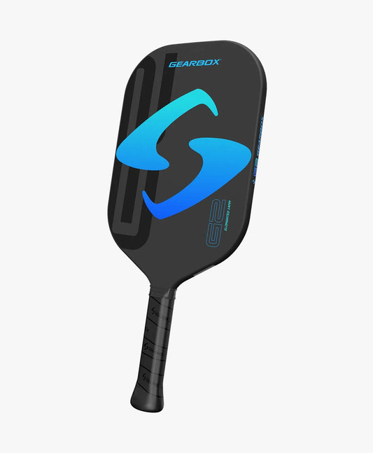 gearbox g2 elongated pickleball paddle full frontal view black with blue gearbox logo