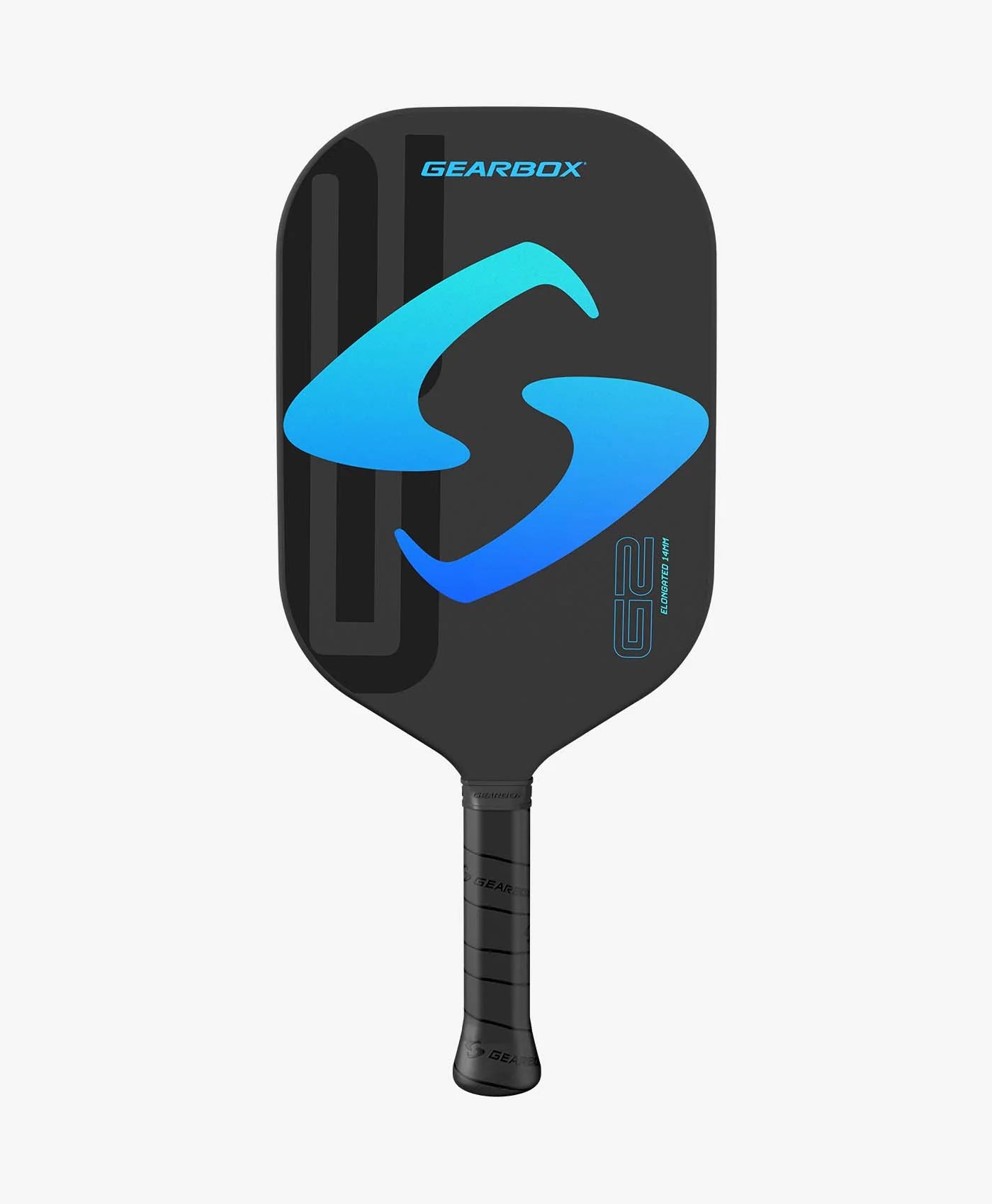 Gearbox G2 Elongated Pickleball Paddle 14mm full frontal view black with blue gearbox logo