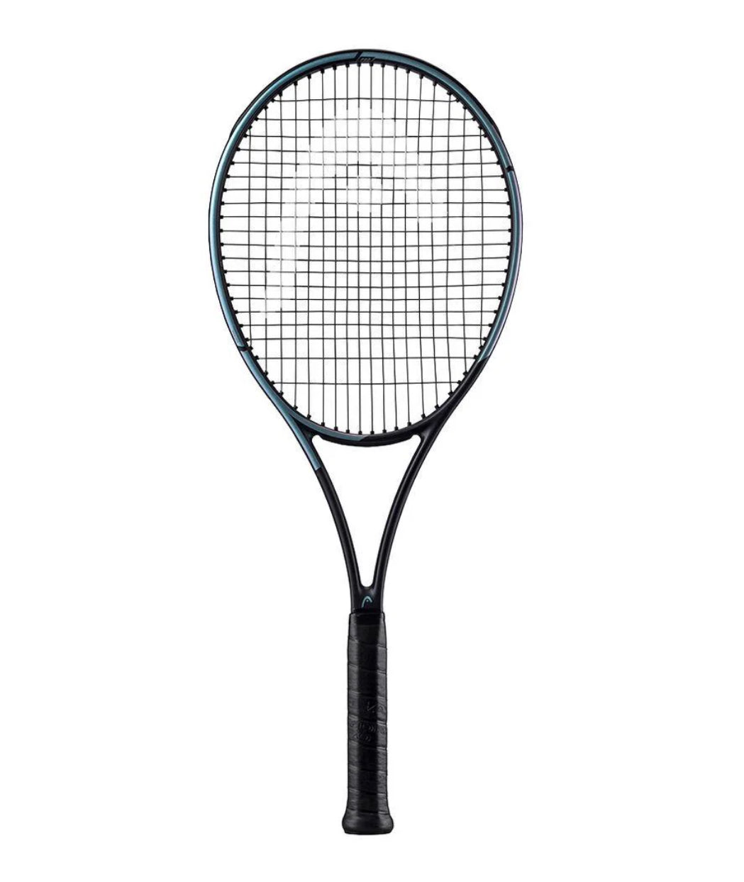 image of the Head Gravity Pro Racquet with black strings, head logo in the center; gray and black frame color 