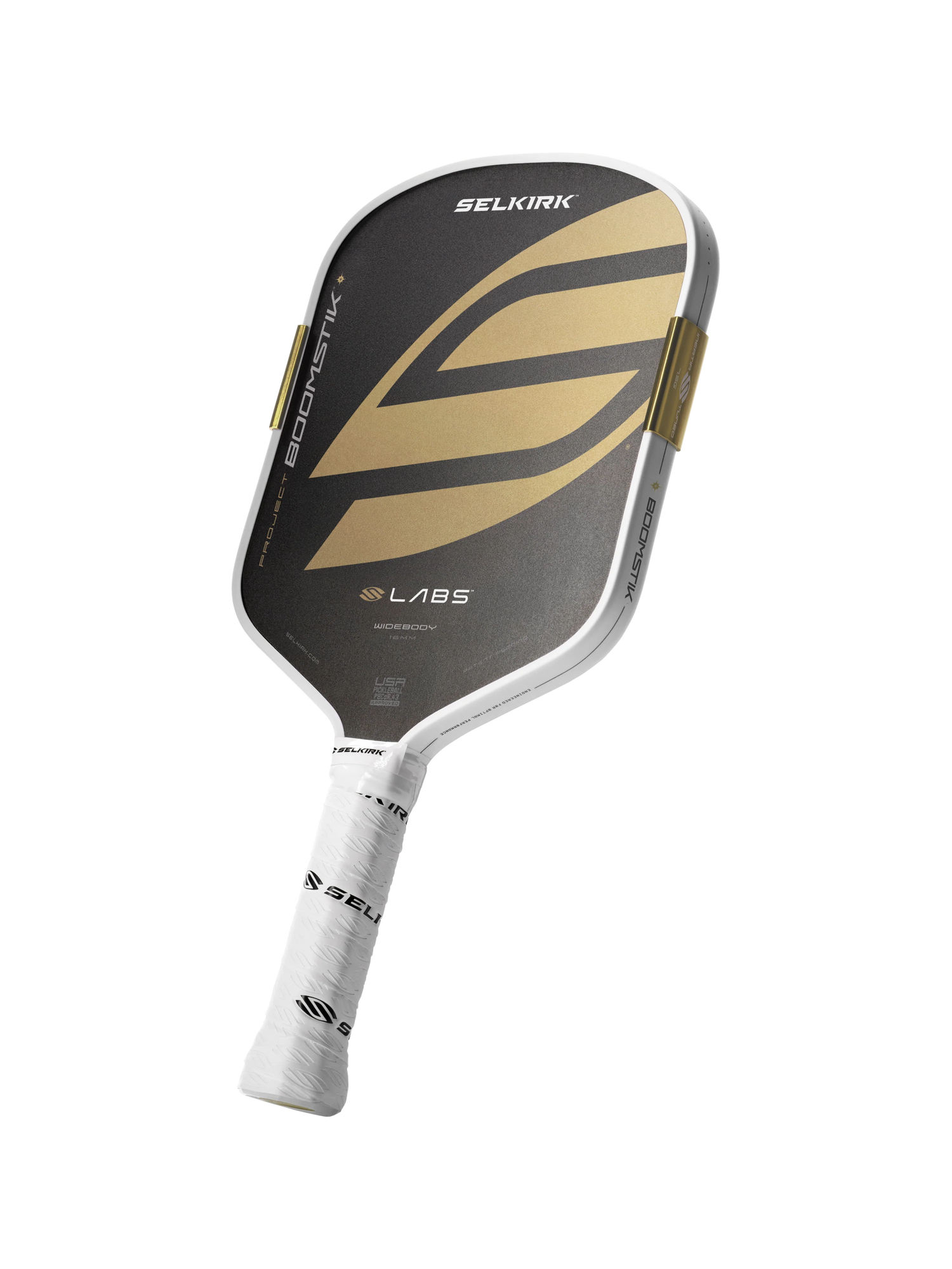 Selkirk pickleball paddle with black and gold design on a white background