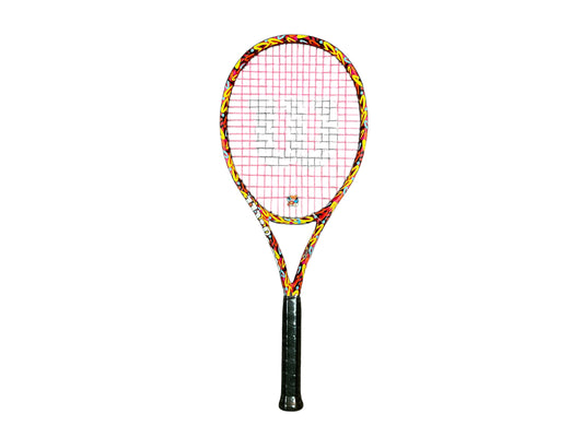 Vibrant tennis racquet with yellow and red red hearts designed by artist Romero Britto 