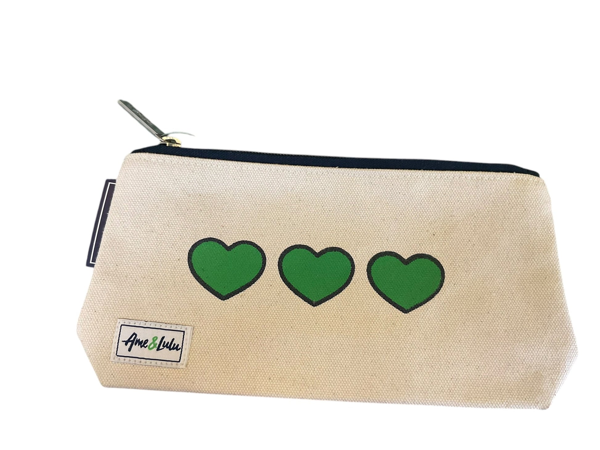 Canvas Pencil Bag with Green Hearts 