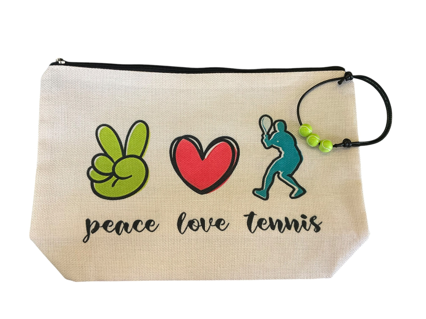 Peace Love Tennis Canvas Toiletry Bag with tennis bracelet
