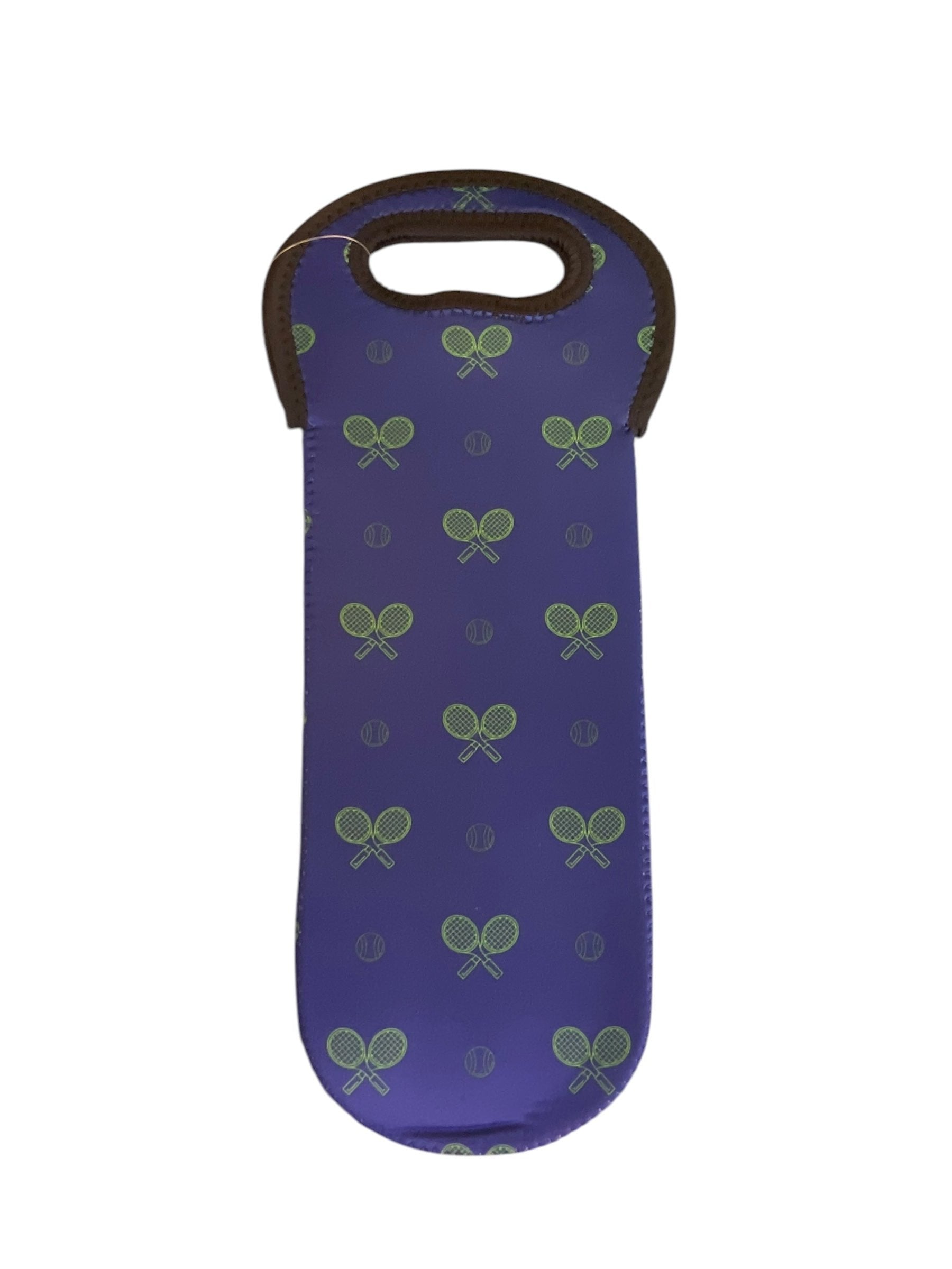 Reusable Wine Bottle Tote Bag in Night Match Blue with green Tennis Racquets and Green Balls