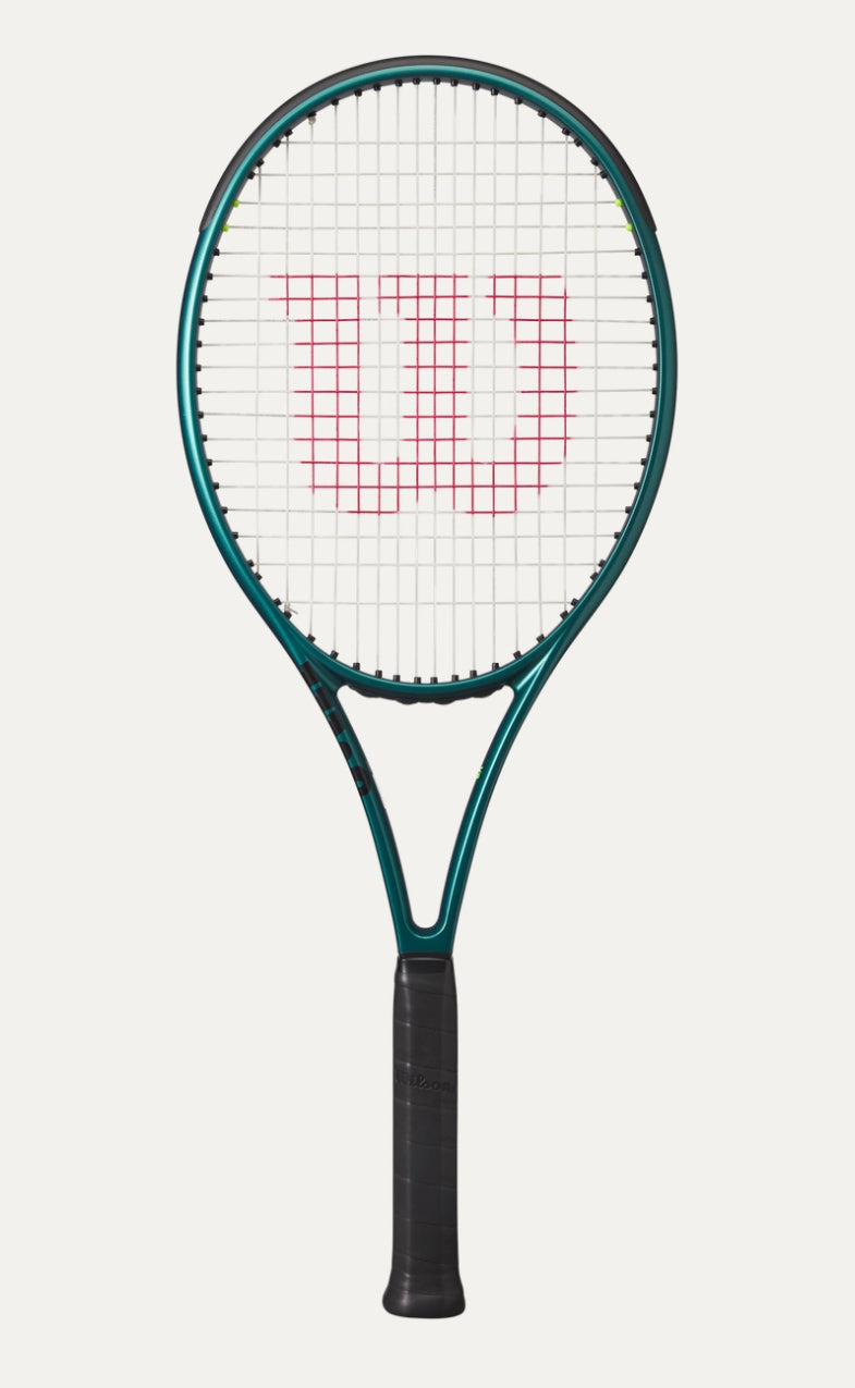 Tennis racket with a white strings pattern on a light gray background