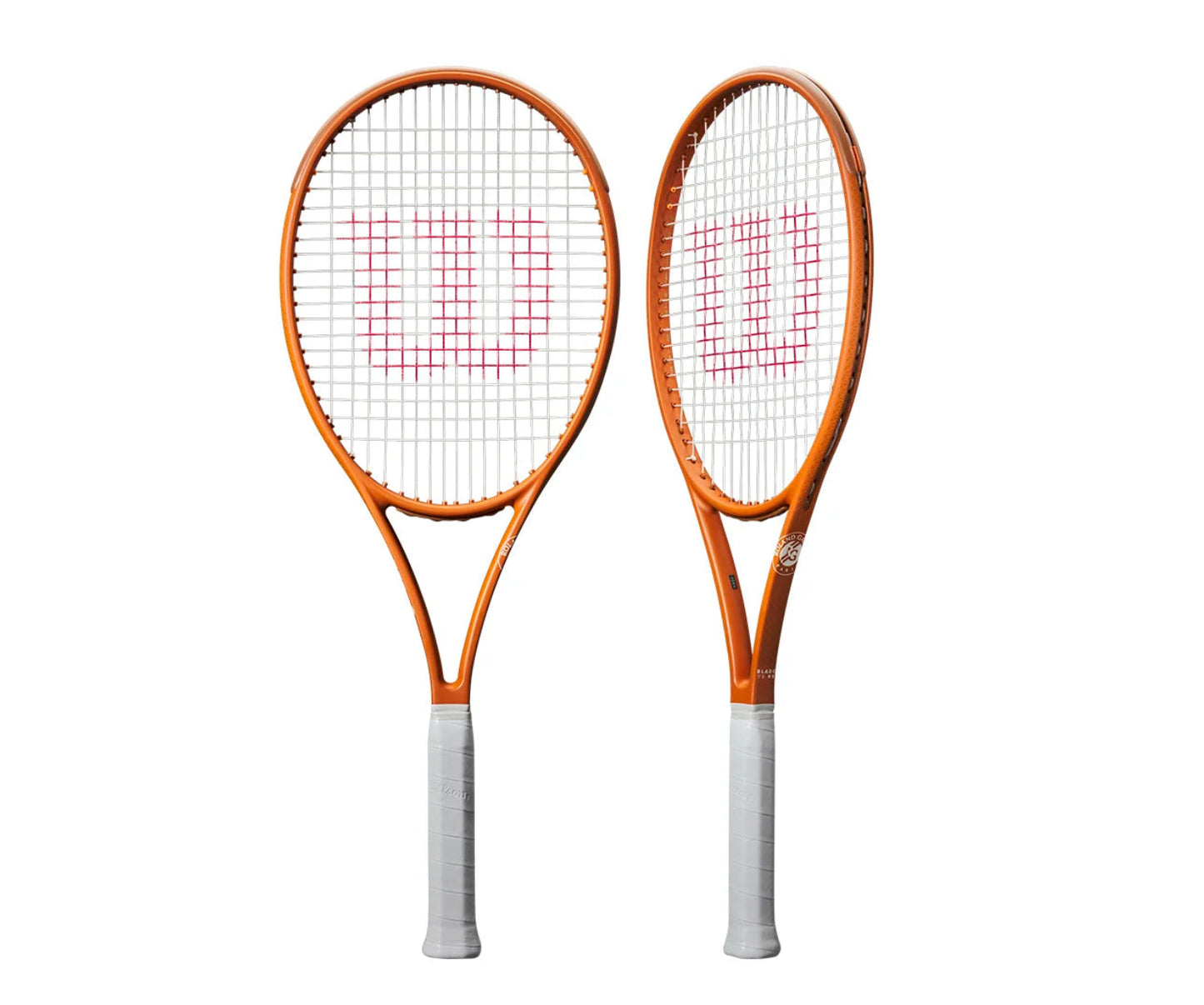 Two orange tennis rackets with white handles on a white background