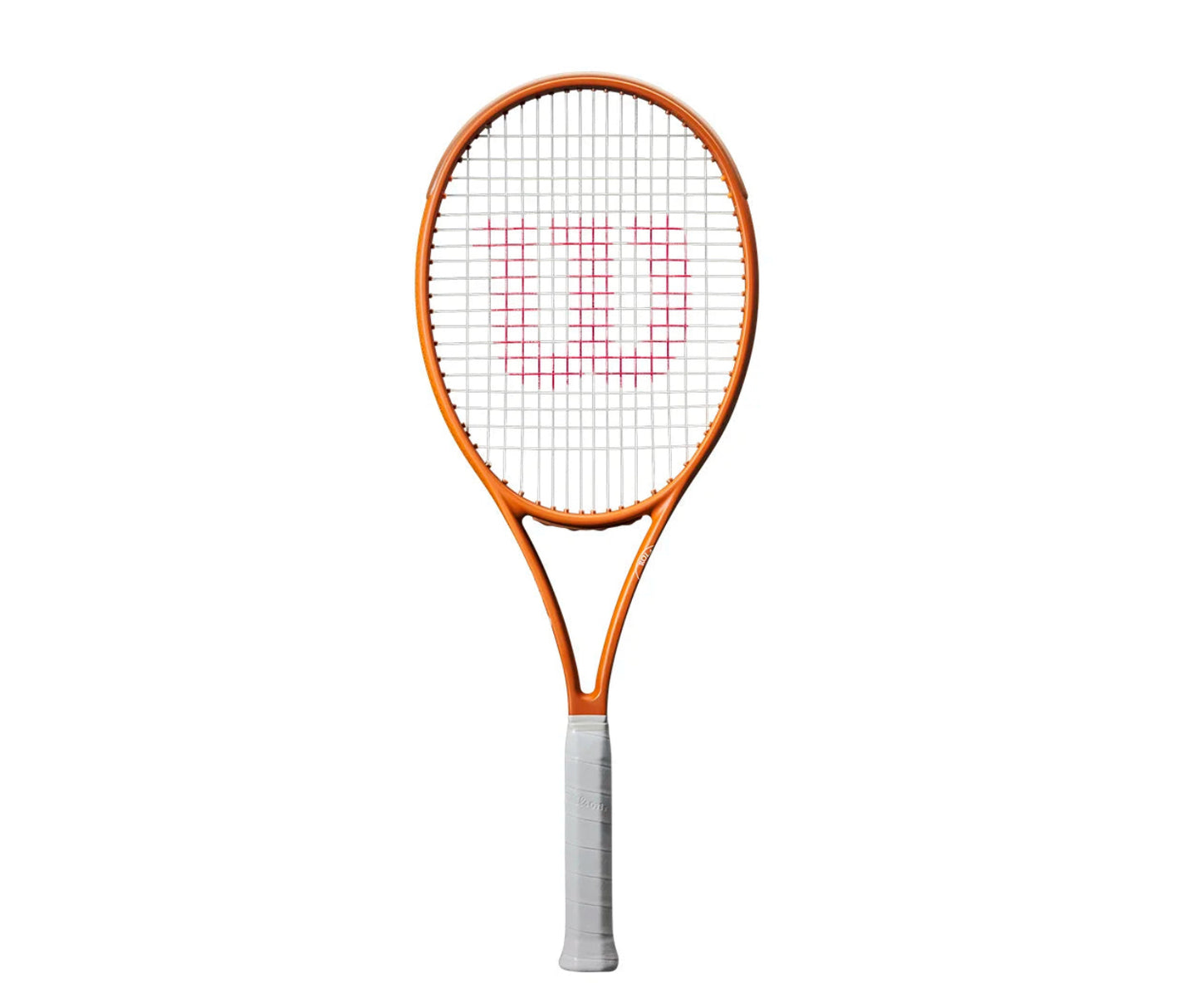 Tennis racket with orange frame and white handle on a white background