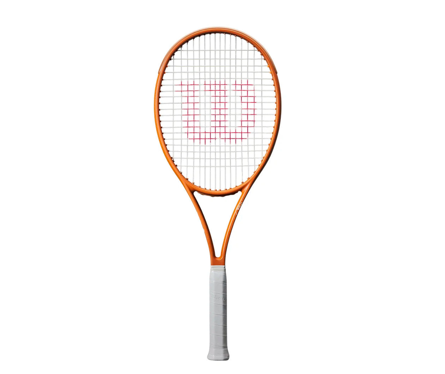 Tennis racket with orange frame and white handle on a white background