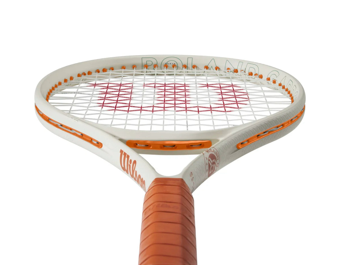Tennis racket with orange and white design on a white background