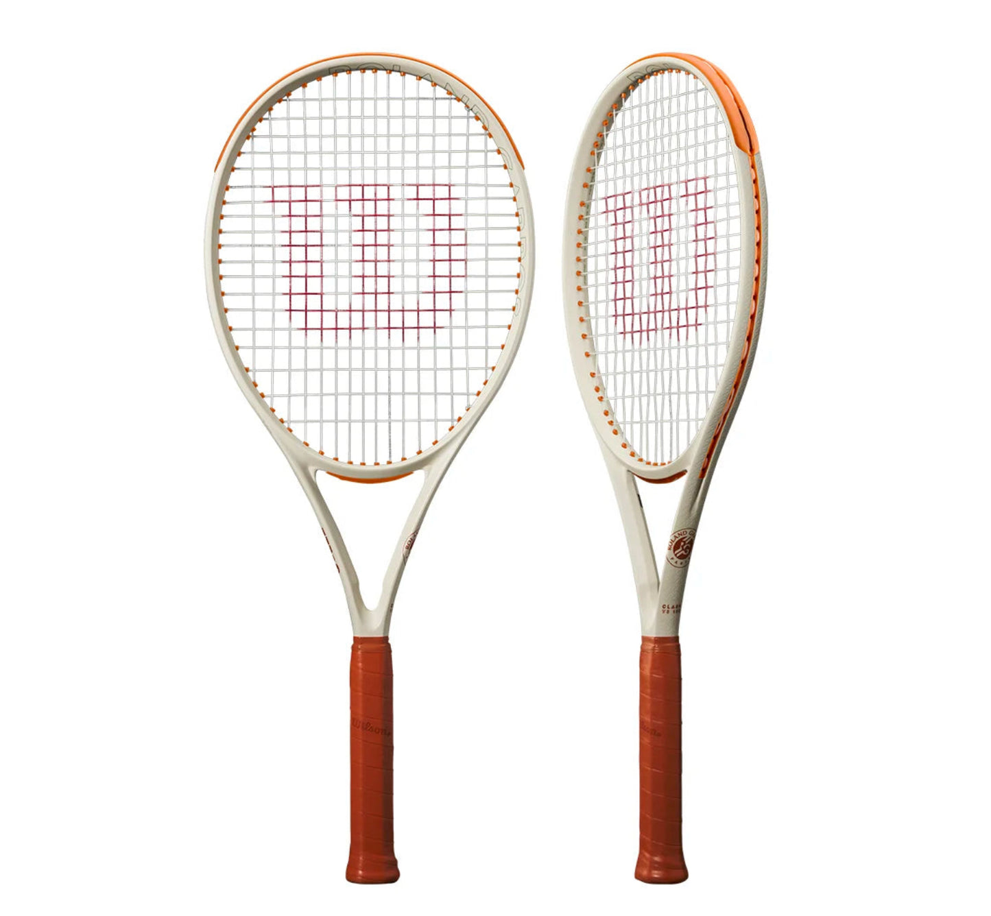 Two tennis rackets with orange strings and white frames on a white background