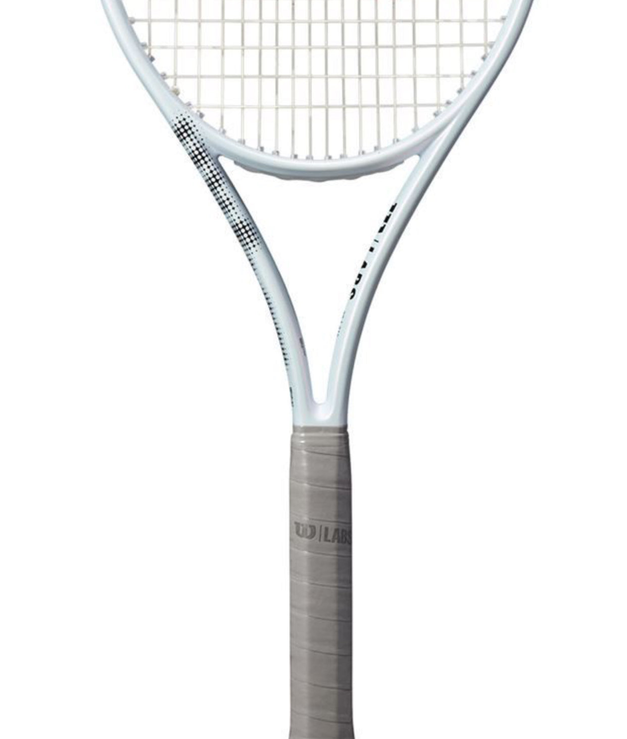 Tennis racket with a white frame and gray handle on a white background