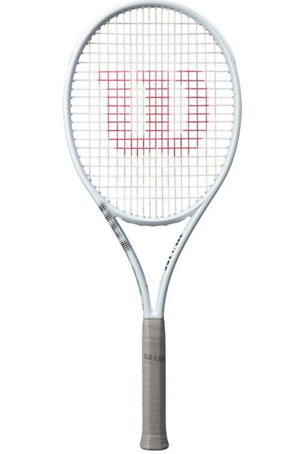 Tennis racket with a white frame and red logo on a white background