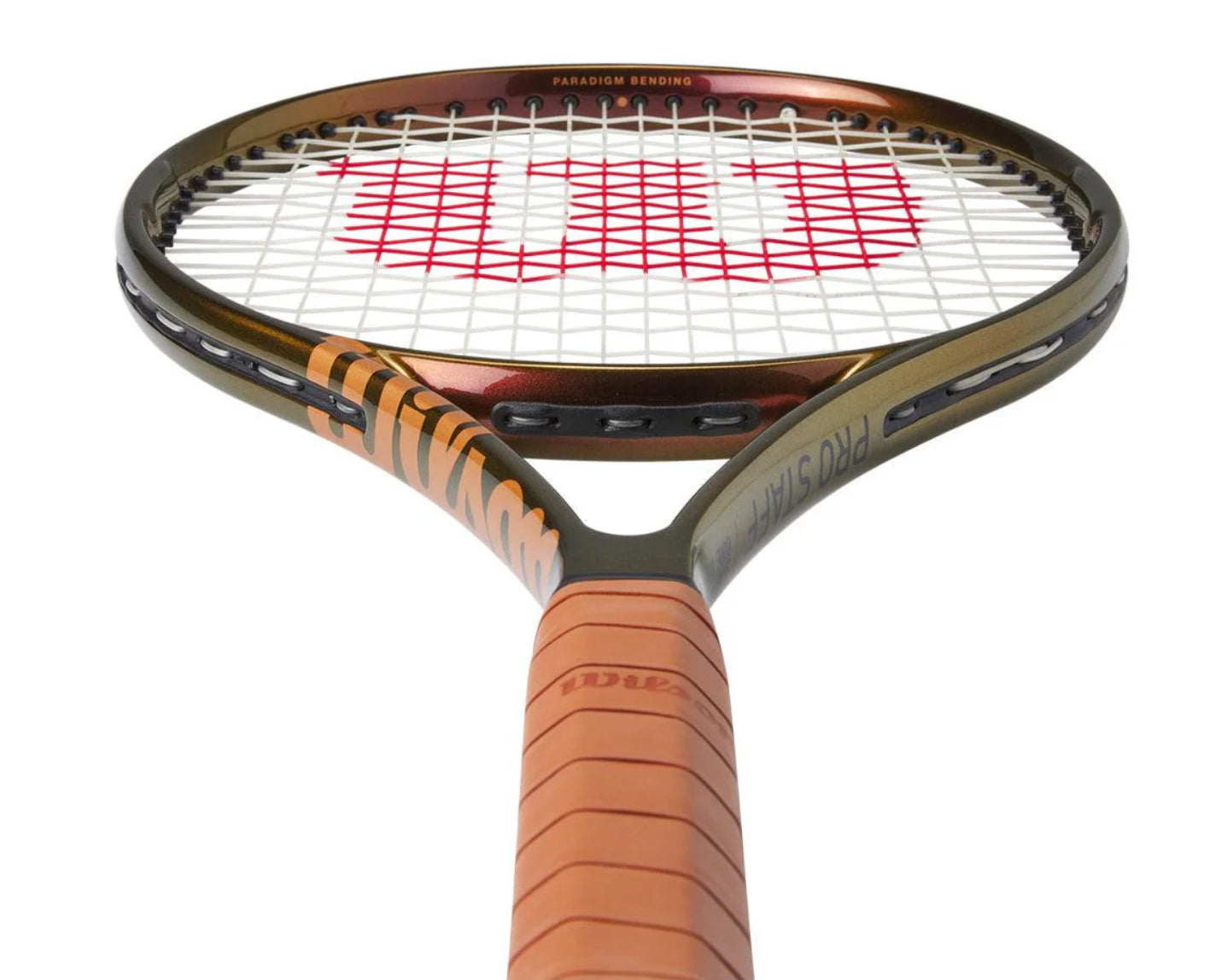 Tennis racket with a white strings and brown handle on a white background