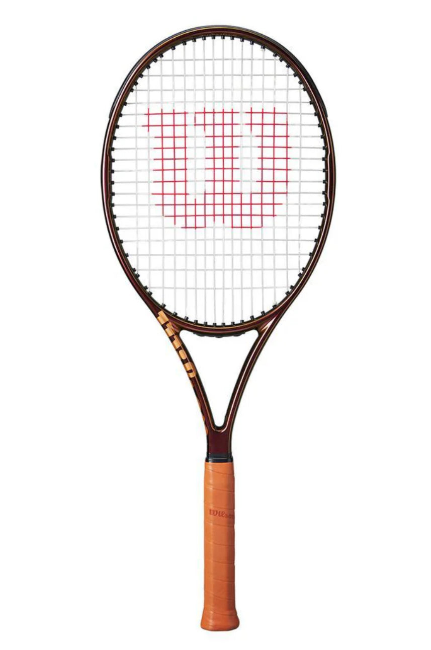 Tennis racket with a brown frame and orange handle on a white background