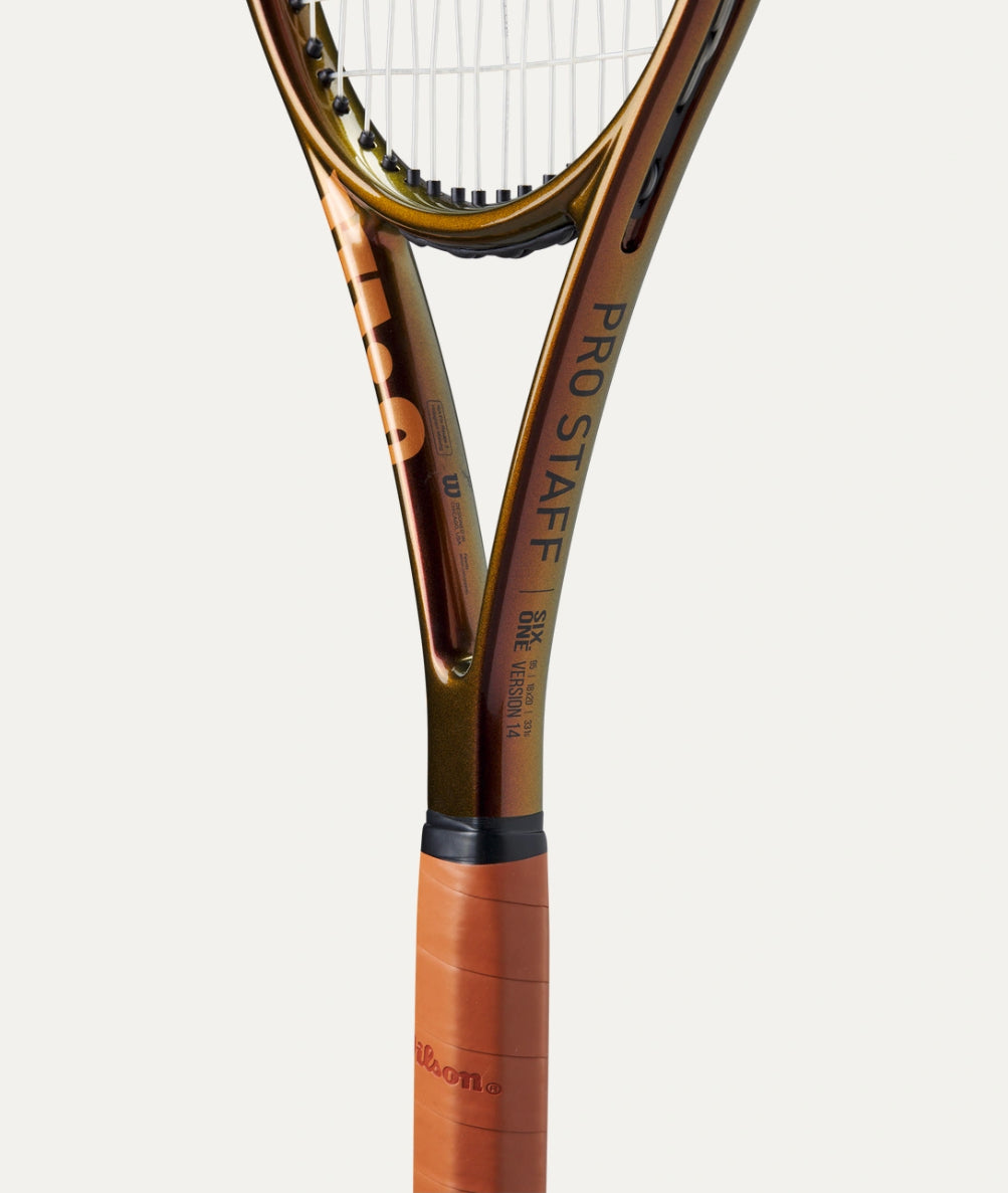 Close-up of a Wilson Pro Staff tennis racket on a white background
