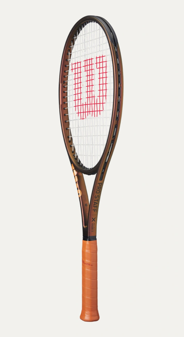 Tennis racket with a brown handle and black frame on a white background