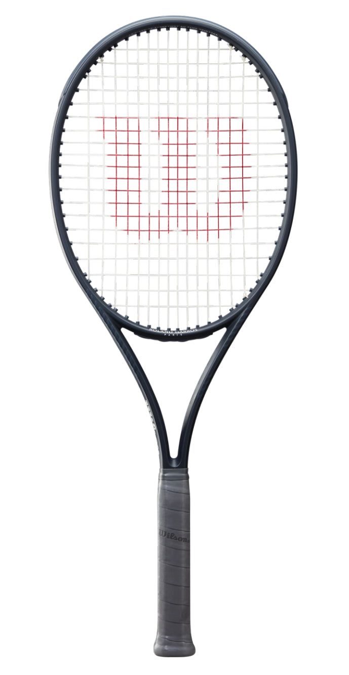 Tennis racket with a white strings pattern on a white background