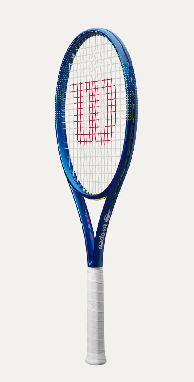 Tennis racket with blue frame and white strings on a light gray background