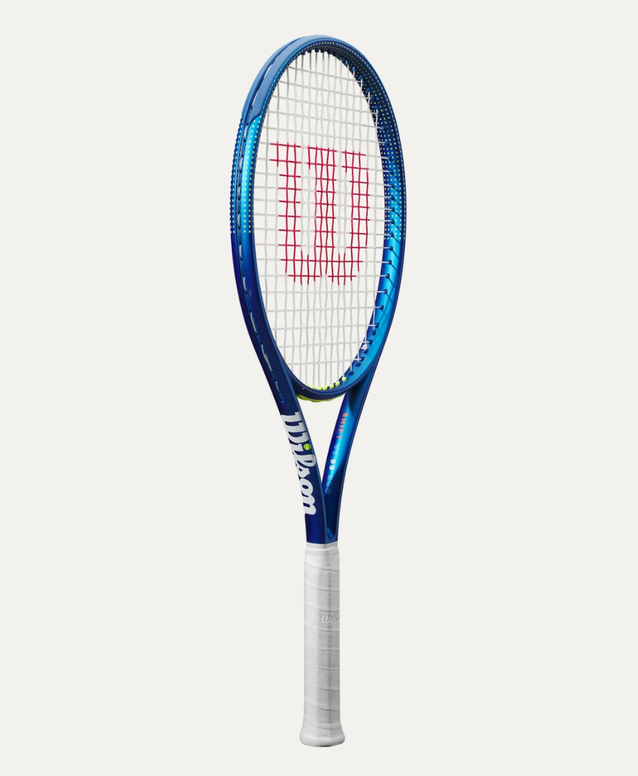 Blue and white tennis racket with Wilson logo on a white background