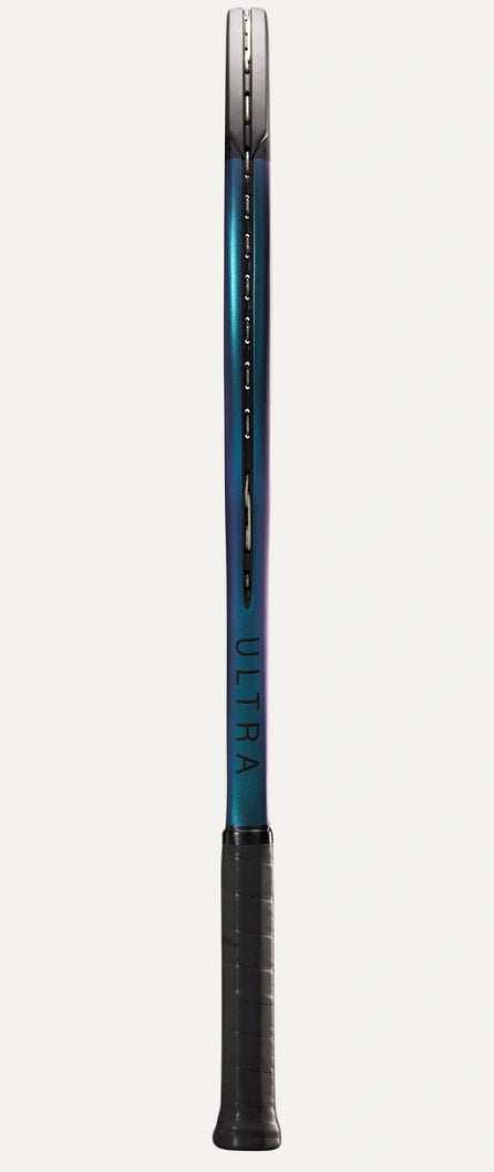 Tennis racket with a blue and black design on a white background