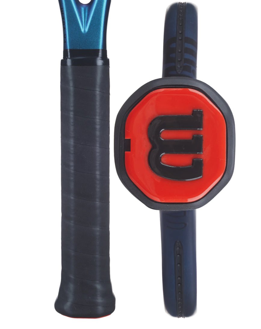 Tennis racket with a red and black handle on a white background