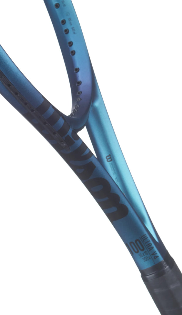 Close-up of a blue tennis racket handle with Wilson branding on a white background