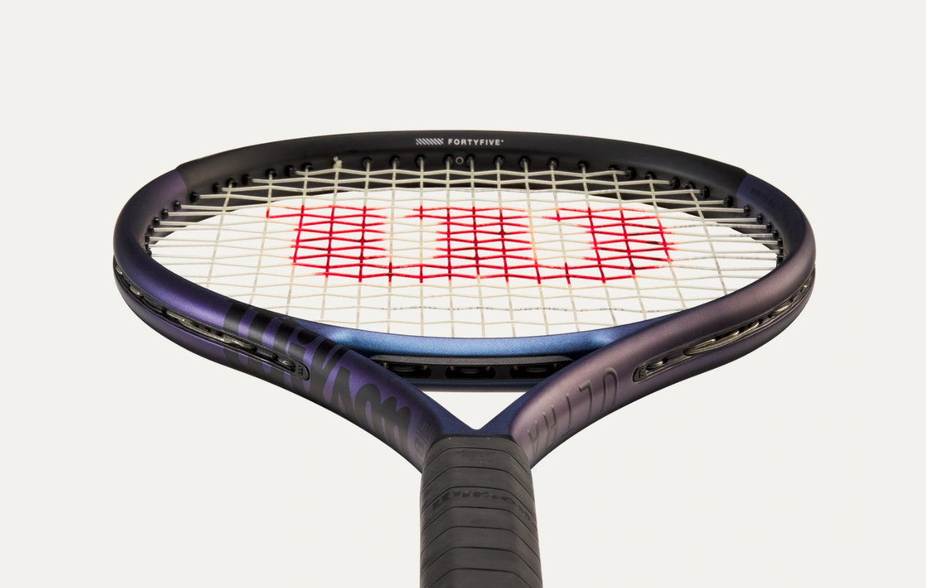 Tennis racket with a close-up of the strings and brand logo on a white background