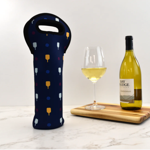 Navy Pickleball Paddle Wine Bottle Tote Bag