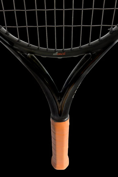 close up of carve 100 all court tennis racquet black frame with faux leather handle