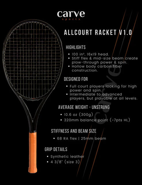 carve 100 all court tennis racquet black frame with faux leather handle. infographic 