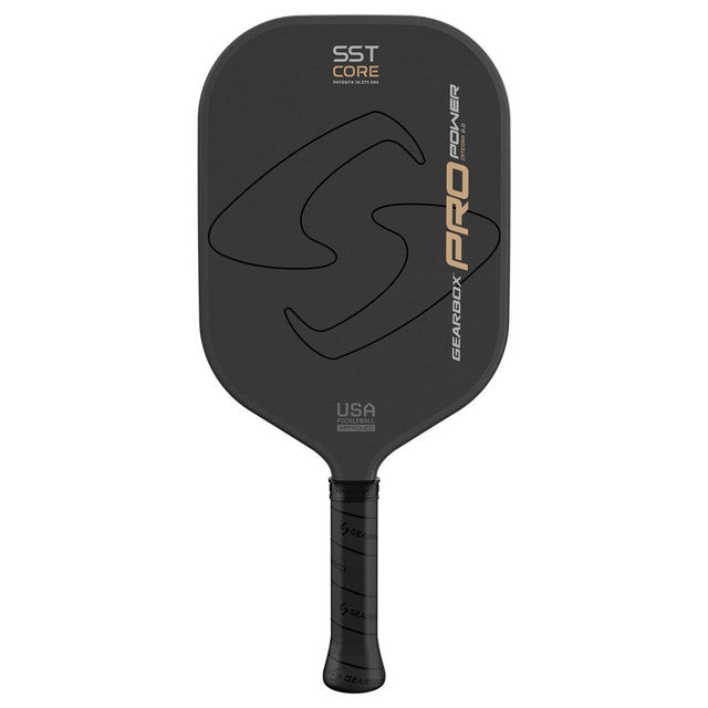 gearbox pro power integra 8.0 SST Core pickleball paddle black with white and gold lettering