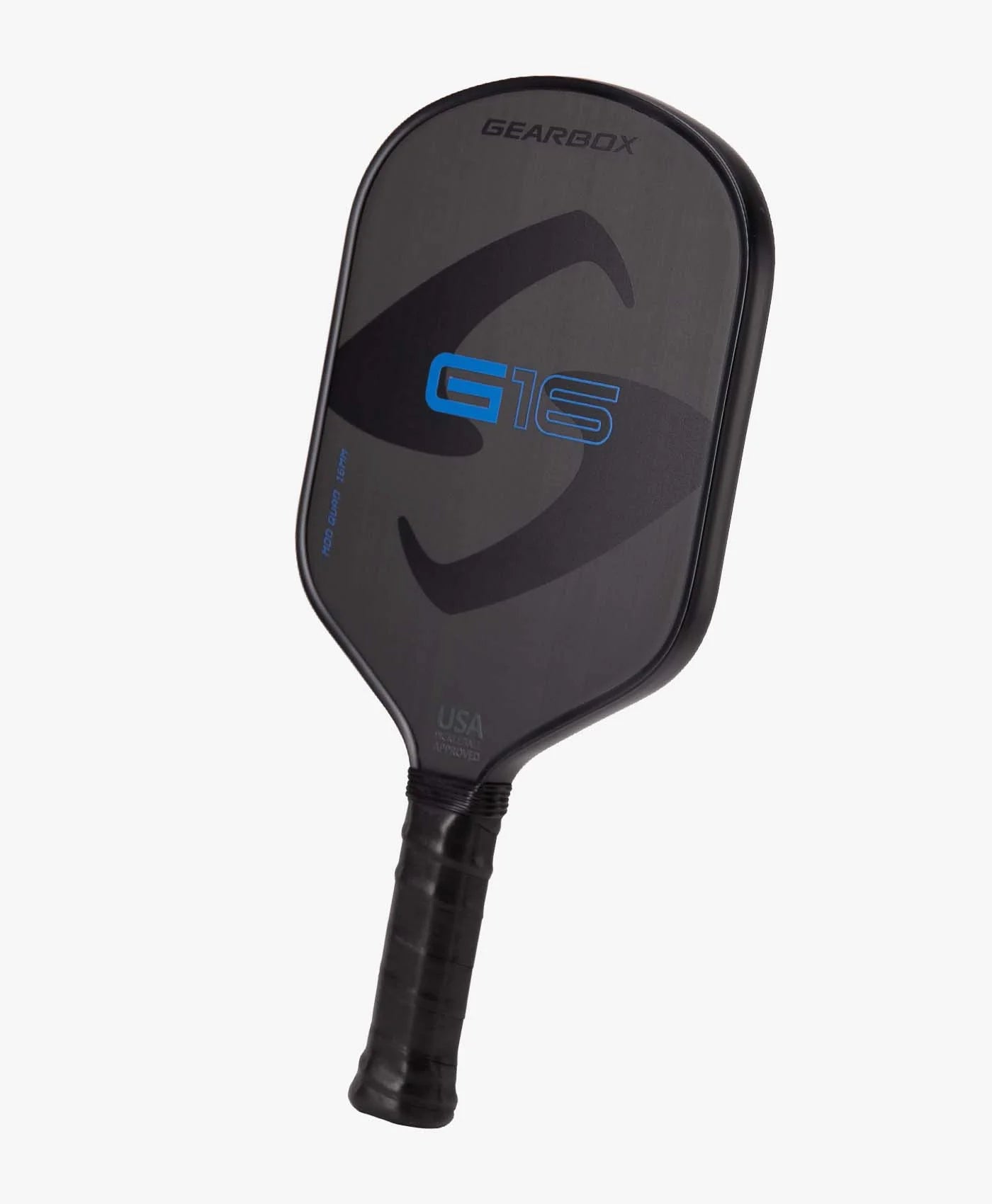 view of gearbox g16 mod quad pickleball paddle. black background with blue g16 