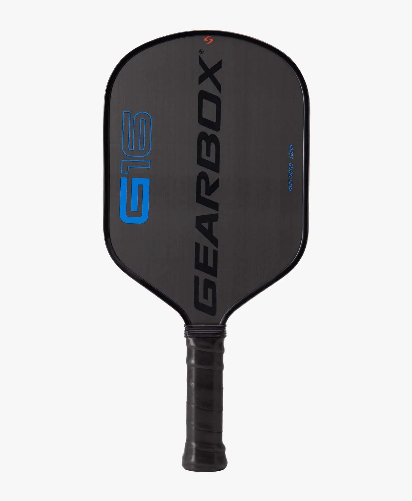 back view of gearbox g16 mod quad pickleball paddle. black background with gearbox in black fonr with blue g16